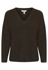 Suéter marrón con cuello en V, de textura acanalada, mangas largas y un corte holgado. Diseño sencillo con la etiqueta visible en el escote.