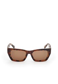 Ochelari de soare cu carapace de broască țestoas�ă, cu lentile de culoare maro, formă rectangulară, rame groase și detalii texturate subtile pe brațe.
