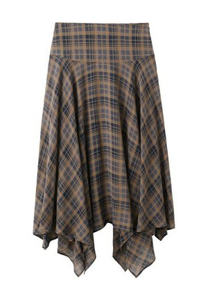 Bruine en marineblauwe geruite rok met uitlopende pasvorm, asymmetrische zakdoekzoom en aangesloten tailleband.