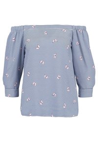 Modrá a bílá pruhovaná blůza bez ramínek s nafouknutými rukávy, zdobená malými růžovými vzory ptáčků.