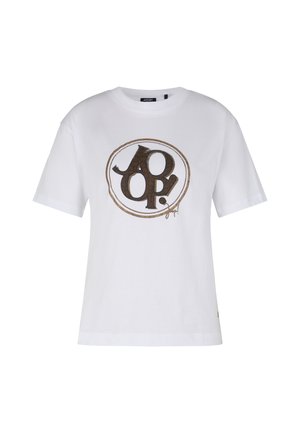 T-shirt en coton blanc à manches courtes, arborant un grand logo circulaire marron avec le mot "JOOP !" en lettres stylisées.