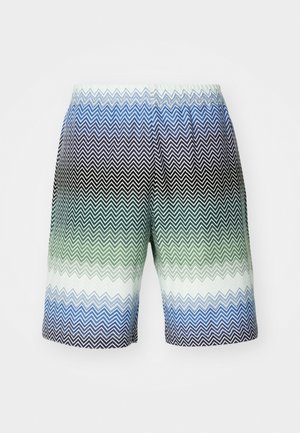 Herrenschwimmshorts mit einem Zickzackmuster in abgestuften Farben von Schwarz, Dunkelgrün, Blaugrün und Blau, mit einem elastischen Bund und leichtem Material.
