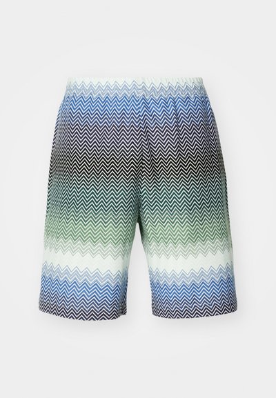 Herrenschwimmshorts mit einem Zickzackmuster in abgestuften Farben von Schwarz, Dunkelgrün, Blaugrün und Blau, mit einem elastischen Bund und leichtem Material.