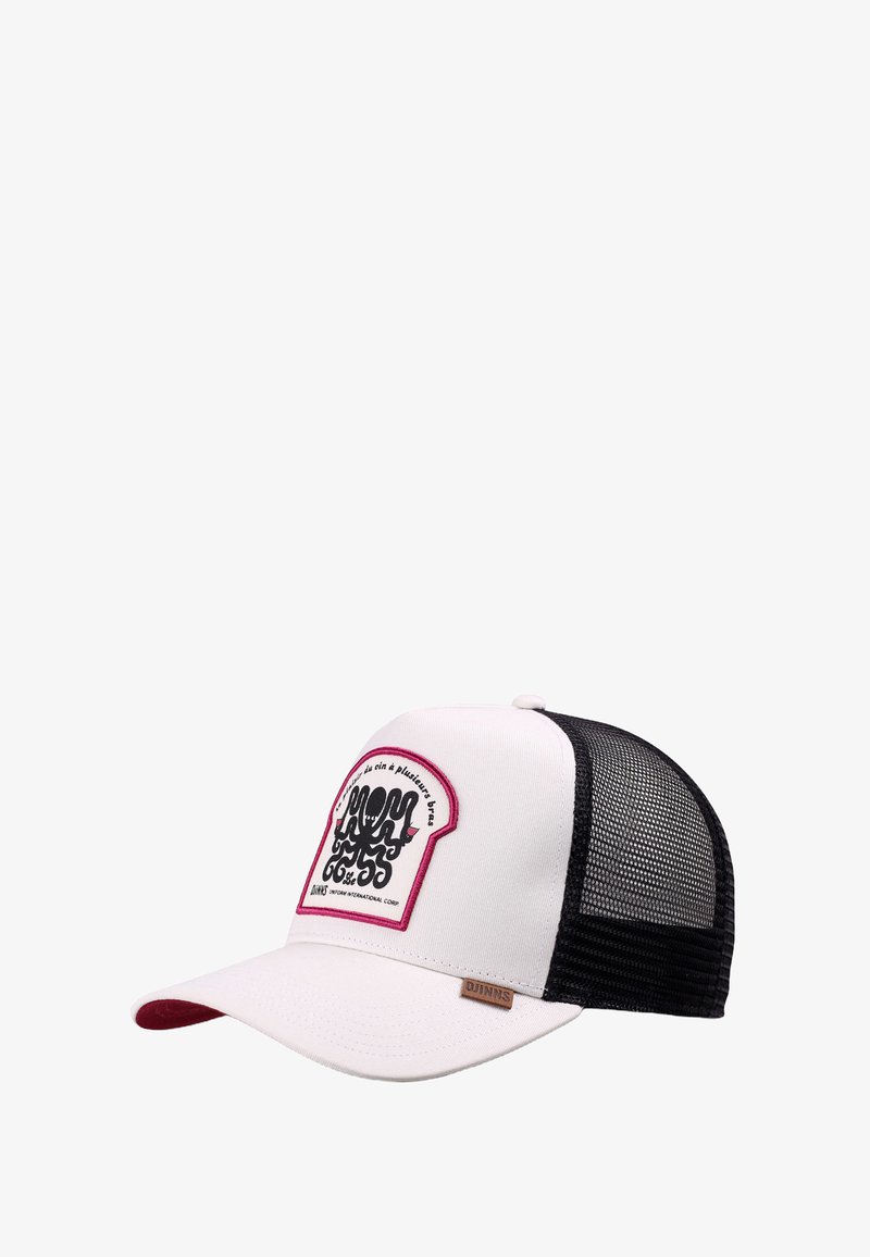 White and black mesh trucker cap with a curved brim and a red-bordered patch featuring stylized black text and graphics on the front.