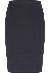 Zwarte, nauwsluitende kokerrok van rekbare stof met een gladde textuur, voorzien van een hoge tailleband en zonder zichtbare patronen of accessoires.