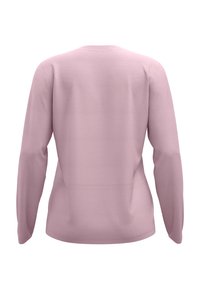 Long-sleeve pullover in light pink, made of soft fabric with a smooth texture. Features a crew neck and fitted, curved hemline without embellishments.