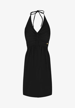 Schwarzes Halfterkleid mit gerafftem Oberteil, verstellbaren Nackenbändern und einem fließenden Rock. Mit dezenten Raffungen und einem kleinen metallischen Akzent.