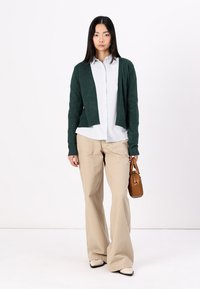 Groene gebreide cardigan, beige wijde broek en een lichtgestreept overhemd met knopen. Houdt een bruin handtasje vast, heeft lange mouwen en een ontspannen pasvorm.