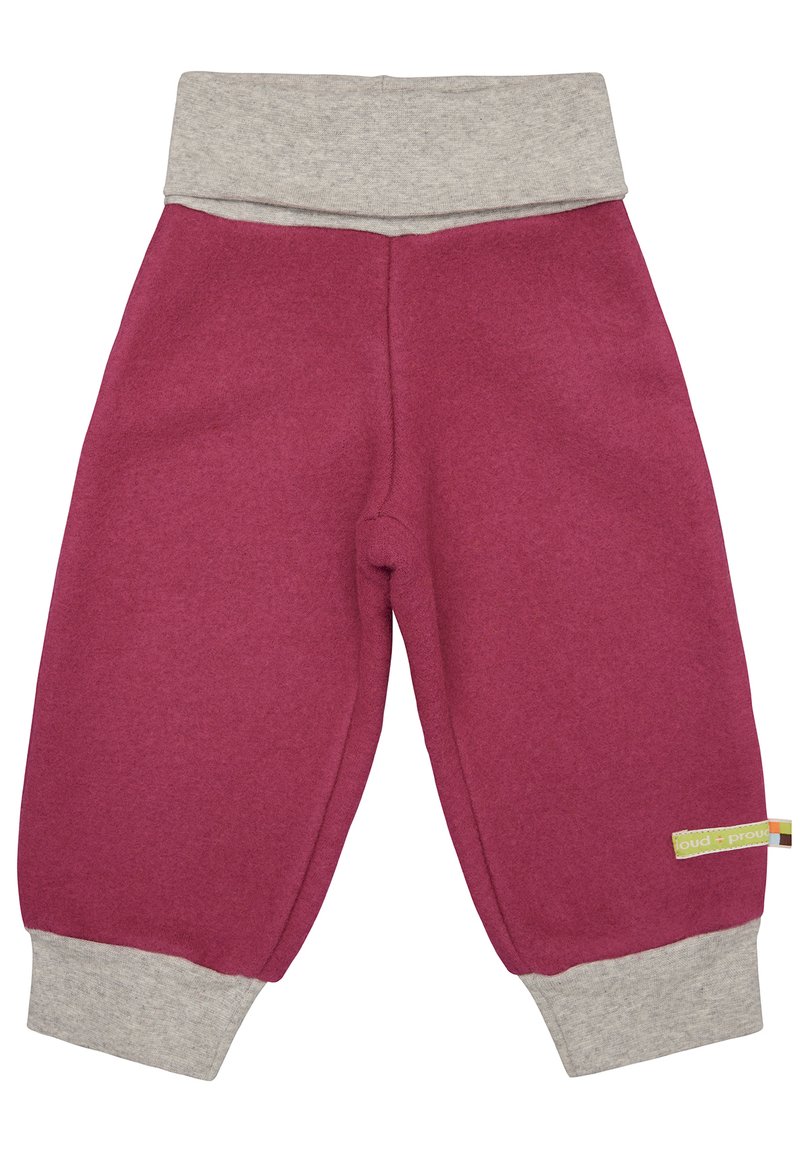Bordeauxrote Sporthosen mit einem grauen, dehnbaren Bund und Bündchen. Weiche Textur mit einem kleinen grünen Etikett auf der linken Seite in der Nähe des Saums.