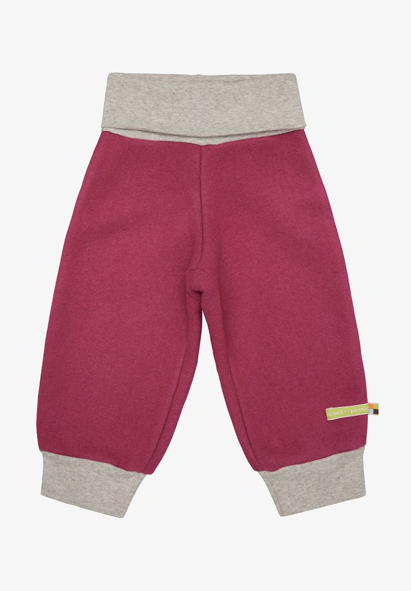 Bordeauxrote Sporthosen mit einem grauen, dehnbaren Bund und Bündchen. Weiche Textur mit einem kleinen grünen Etikett auf der linken Seite in der Nähe des Saums.