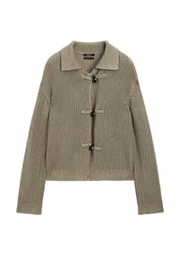 Cardigan beige tricoté avec col, doté de fermetures à boutons à bascule, poignets côtelés et coupe courte. Tissu texturé avec un tissage ouvert.