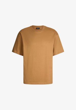 Kurzarm-T-Shirt mit Rundhalsausschnitt in einer warmen Braunnuance. Aus glattem Baumwollstoff gefertigt, mit lockerer Passform und ohne sichtbare Muster oder Akzente.