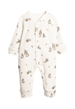 Biały dziecięcy body z zatrzaskami, ozdobiony małymi brązowymi króliczkami i marchewkami rozsianymi po tkaninie.