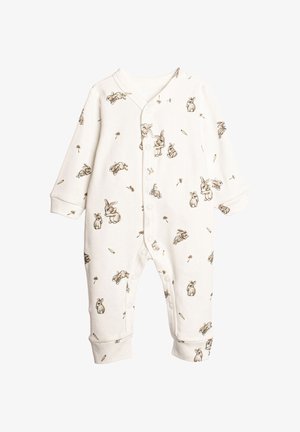 Biały dziecięcy body z zatrzaskami, ozdobiony małymi brązowymi króliczkami i marchewkami rozsianymi po tkaninie.