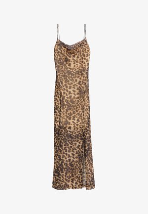 Robe longue sans manches avec de fines bretelles, présentant un motif léopard brun et noir et un décolleté léger en croupe.