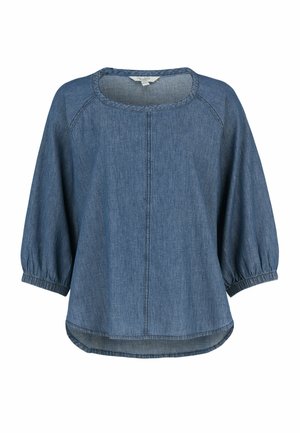 Blaue Denim-Bluse mit rundem Ausschnitt, dreiviertellangen Puffärmeln, die an den Manschetten gerafft sind, und einem leicht geschwungenen Saum.