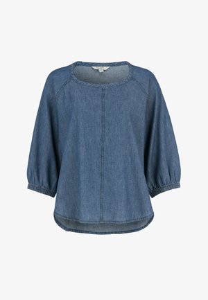 Blauwe denimblouse met ronde halslijn, drie kwart mouwen met plooien bij de manchetten en een licht gebogen zoom.