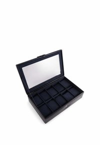 Black leather jewelry box with a glass lid, featuring a soft navy interior and twelve compartments for organized storage.