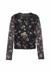 Τοπ με μακριά μανίκια από ελαφρύ ύφασμα με μαύρη βάση, διακοσμημένο με ανθικό μοτίβο σε λευκό και κίτρινο, στρογγυλή λαιμόκοψη και εφαρμοστή γραμμή.