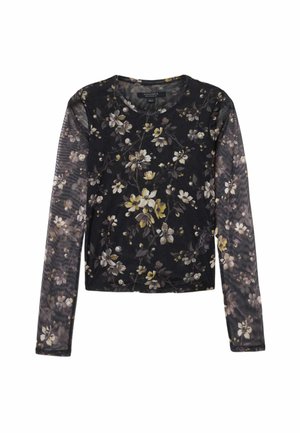 Langærmet top i letvægtsstof med sort bund, der har et blomsterprint i hvid og gul, rund halsudskæring og figursyet design.