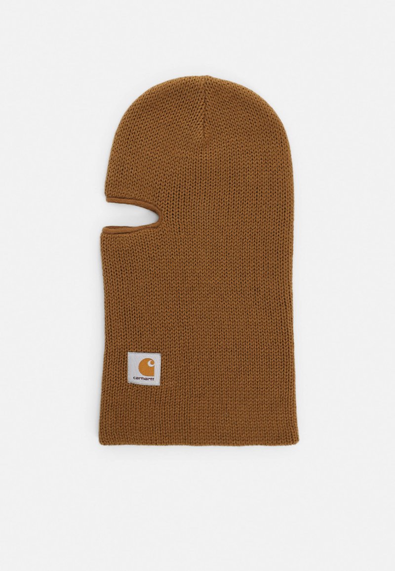 Balaclava tricotată maro, cu o deschidere pentru față și un patch cu logo-ul Carhartt pe față. Prezintă un material texturat și un design ajustat.