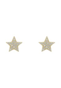 Gold star-shaped earrings adorned with clear rhinestones, featuring a textured surface and five pointed tips. Each earring is symmetrical.