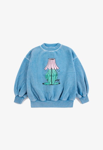 Sweat-shirt bleu oversize avec un motif de fleur abstraite rose et verte centré sur le devant et des poignets et un bas côtelés.