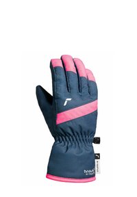 Mörkblå och rosa isolerade vinterhandskar med elastisk handled och varumärkeslogotyper på ovansidan, designade för skydd mot kalla väderförhållanden.