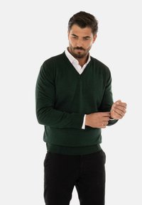 Maglione verde a scollo a V in un morbido tessuto a maglia, con polsini e orlo a costine, abbinato a una camicia bianca con colletto sotto. Pantaloni neri.