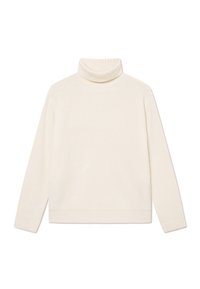 Pull à col roulé couleur crème avec texture côtelée, manches longues et coupe décontractée. Design simple, sans motifs ni accents supplémentaires.