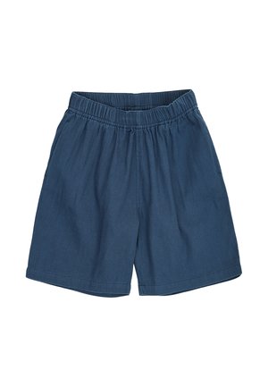 Granatowe spodenki z elastycznym paskiem w talii, luźnym krojem i prostym brzegiem, wykonane z lekkiego materiału odpowiedniego do codziennego noszenia.