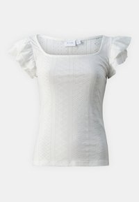 White short-sleeve top with a square neckline, featuring ruffled sleeves and textured patterns with small eyelets throughout.