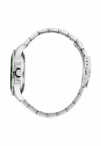 Orologio da polso in acciaio inossidabile argentato con quadrante rotondo verde, indicatori delle ore luminosi e bracciale a maglie classico. Chiusura regolabile sul lato.