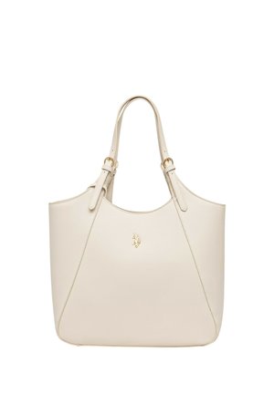 Borsa tote in pelle color crema con doppia tracolla regolabile e piccolo emblema dorato al centro davanti.