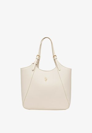 Borsa tote in pelle color crema con doppia tracolla regolabile e piccolo emblema dorato al centro davanti.
