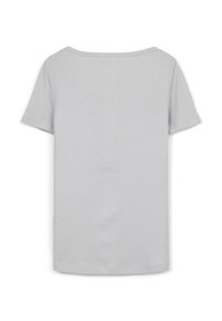 T-shirt grigio a maniche corte con scollo ampio e tessuto morbido ed elasticizzato. Presenta un design semplice e senza decorazioni sul retro, privo di motivi.