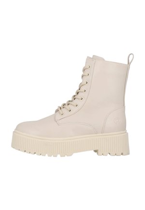 Lace-up ankle boots in light beige leather with a textured chunky sole and a pull tab at the back for easy wear.