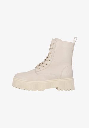 Lace-up ankle boots in light beige leather with a textured chunky sole and a pull tab at the back for easy wear.