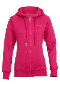 Roze hoodie met ritssluiting aan de voorkant, trekkoorden en geribbelde manchetten. Gemaakt van zachte, gestructureerde stof, met een klein logo op de borst.