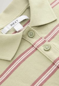 Light green polo shirt with pink and white horizontal stripes, two green buttons, and a white "NEXT" brand label inside the collar.
