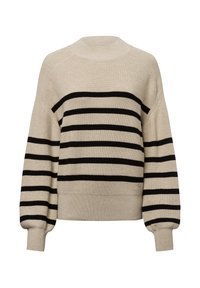 Maglione lavorato a maglia beige con strisce orizzontali nere, scollatura rotonda, spalle abbassate e polsini a coste. Texture morbida e vestibilità rilassata.