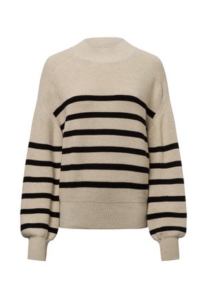 Beige gestrickter Pullover mit schwarzen horizontalen Streifen, rundem Ausschnitt, gesenkten Schultern und gerippten Manschetten. Weiche Textur und lässige Passform.