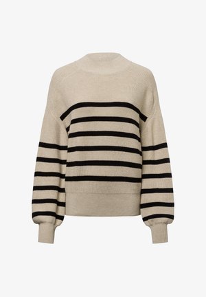 Beige gestrickter Pullover mit schwarzen horizontalen Streifen, rundem Ausschnitt, gesenkten Schultern und gerippten Manschetten. Weiche Textur und lässige Passform.