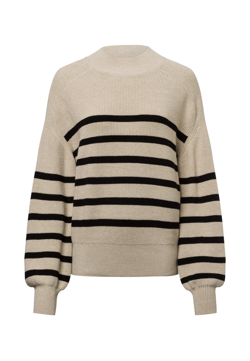 Maglione lavorato a maglia beige con strisce orizzontali nere, scollatura rotonda, spalle abbassate e polsini a coste. Texture morbida e vestibilità rilassata.