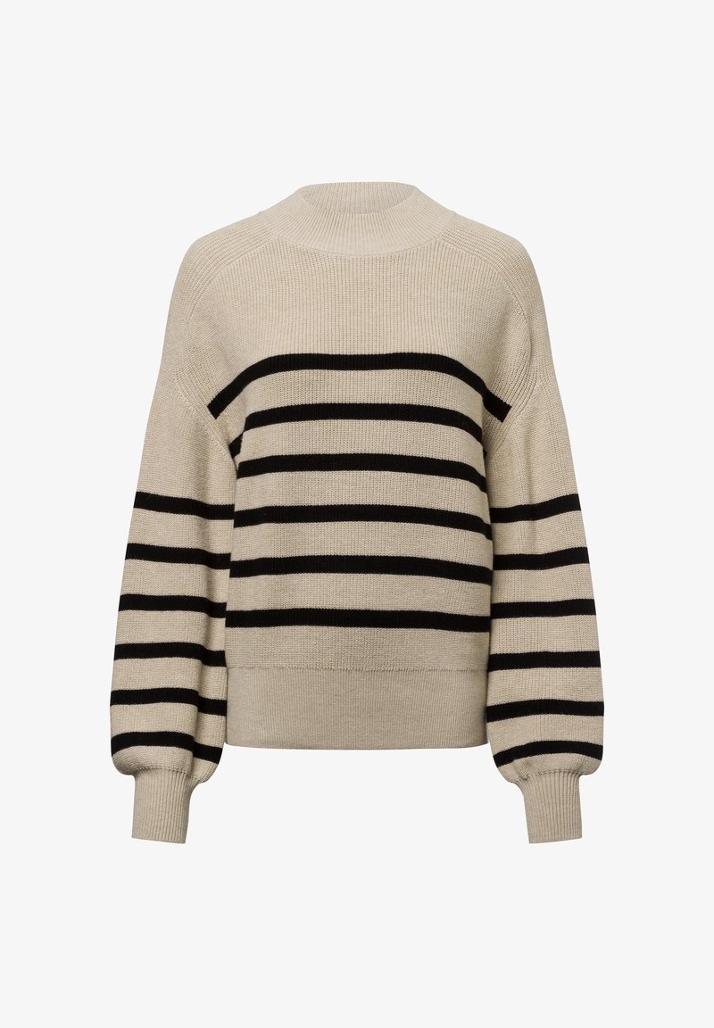 Beige gestrickter Pullover mit schwarzen horizontalen Streifen, rundem Ausschnitt, gesenkten Schultern und gerippten Manschetten. Weiche Textur und lässige Passform.