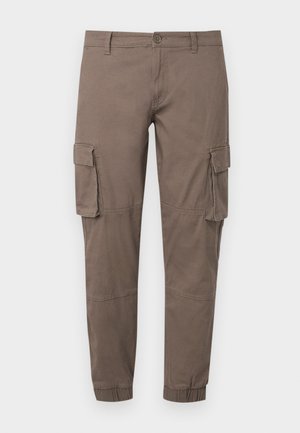 Krūšu bikses izbalinātā brūnā krāsā, izgatavotas no viegla auduma, ar vairākiem sānu kabatām, elastīgiem auduma galiem un klasisku pogu aizdari.