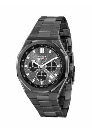 Orologio da polso Sector in metallo nero con tachimetro, tre subquadranti, finestra data e quadrante testurizzato che mostra l'ora e le funzioni del cronografo.