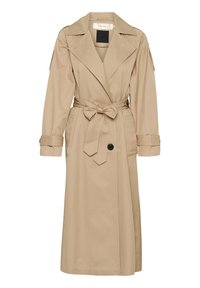 Beige trench coat made from lightweight fabric, featuring a belted waist, large collar, and button closure with two side pockets.