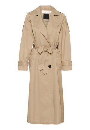 Cappotto trench beige realizzato in tessuto leggero, con vita regolabile da una cintura, grande colletto e chiusura a bottoni, dotato di due tasche laterali.