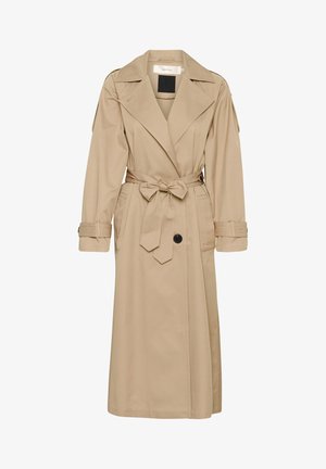 Beige színű trench coat, könnyű anyagból készült, övvel a derekán, nagyméretű gallérral és gombos záródással, valamint két oldalsó zsebre van kialakítva.